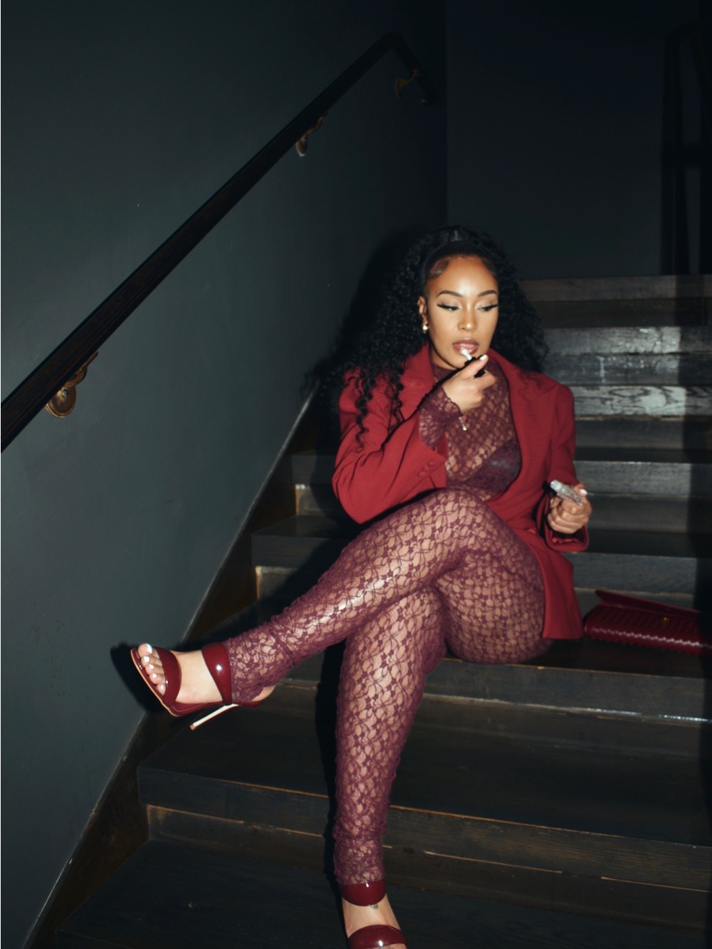 Naked Wardrobe Burgundy Blazer & Lace Jumpsuit Set - Picture 2 of 4